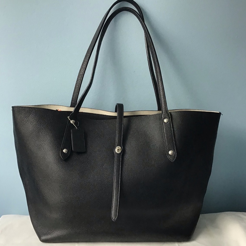 Leather black large tote bag